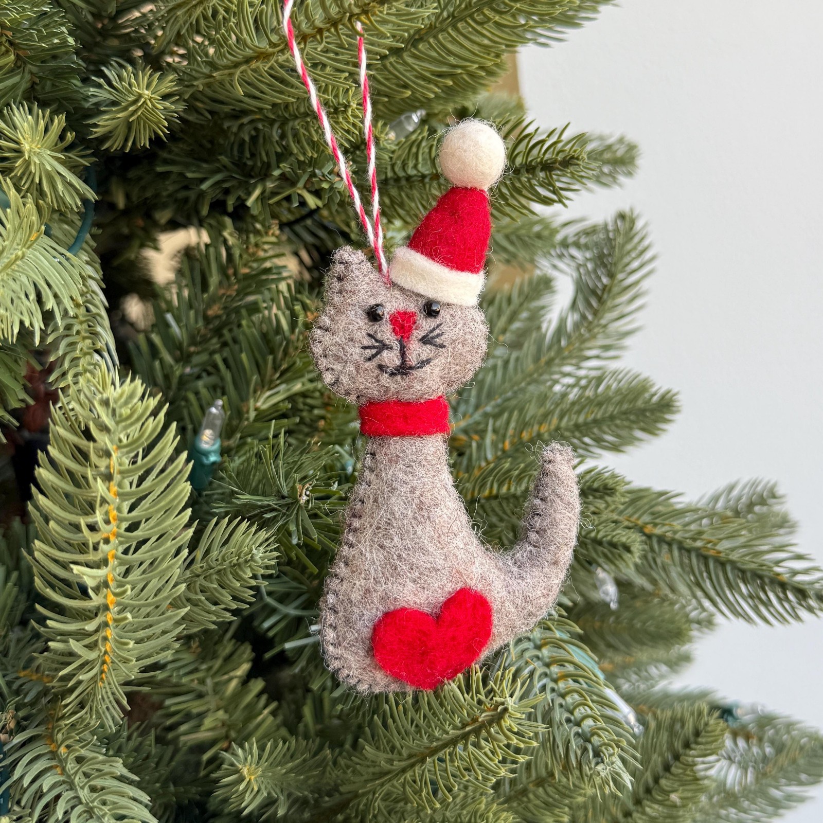 Felt Cat Santa Hat Christmas Ornament Handmade Wool Kitty Holiday Tree Decor
