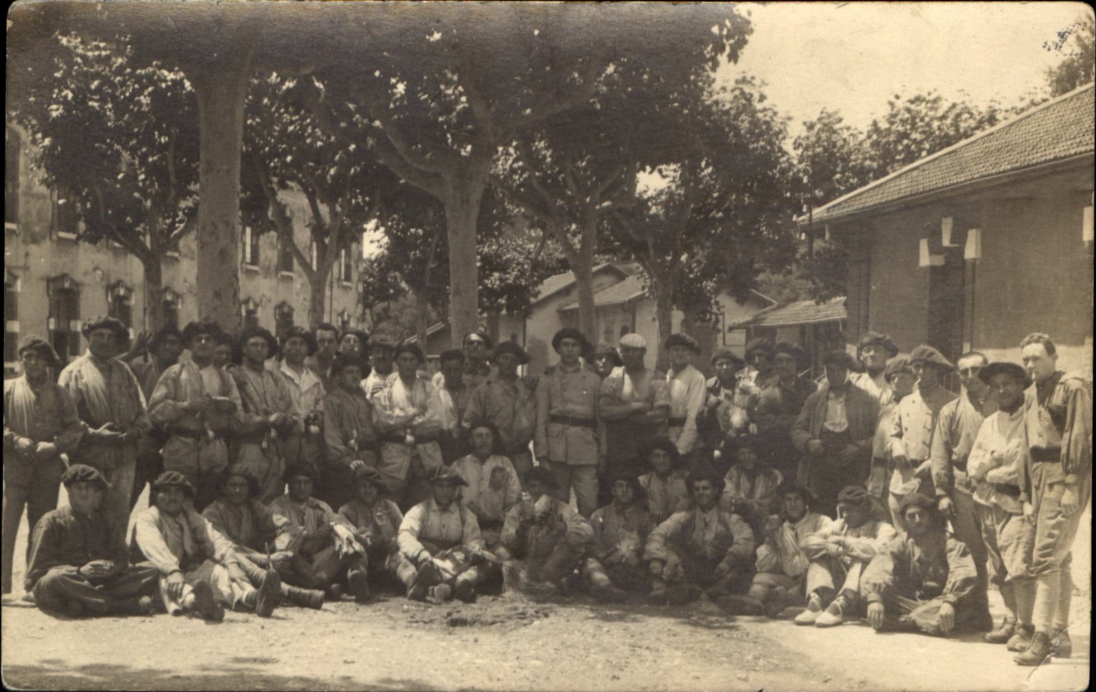 WWI WW1 era French? soldiers large group wearing uniform beret unknown location WWI WW1 era French? soldiers large group wearing uniform beret unknown location