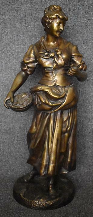 LOVELY ANTIQUE SIGNED LAVERGNE BRONZE SCULPTURE OF MAIDEN AND BASKET OF FLOWERS