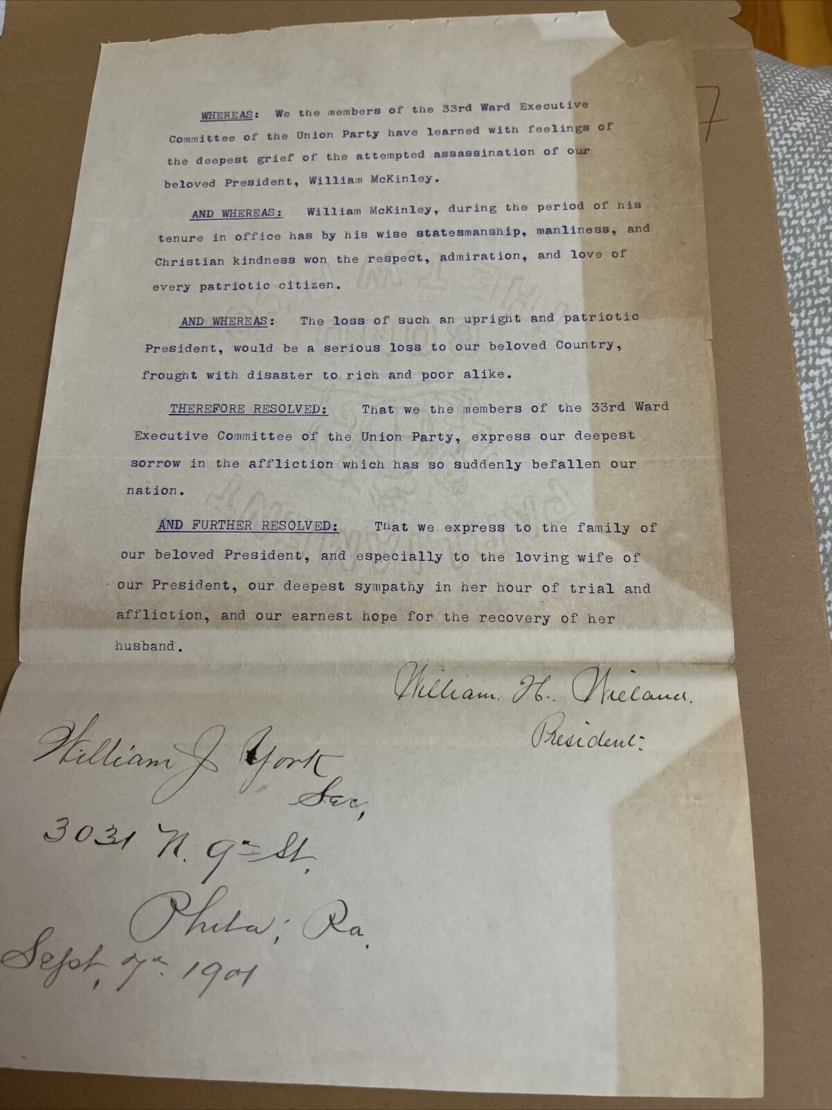 1901 Philadelphia PA Ward Union Party Letter on President McKinley Assassination