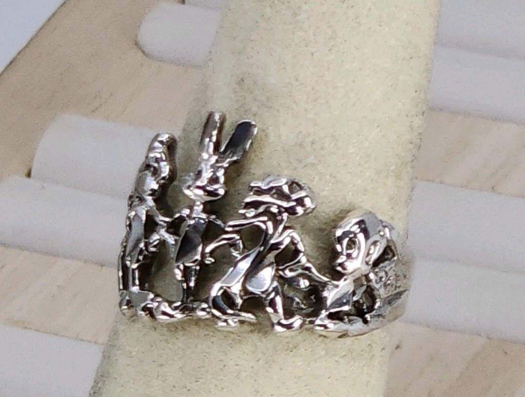 Vintage Warner Bros 925 Sterling Silver Looney Tunes Bugs Daffy Tweety Ring 7.5
