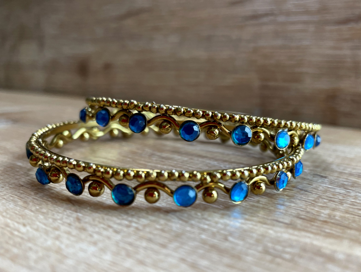 Vintage Gold and Blue Rhinestone Pair of Bracelets