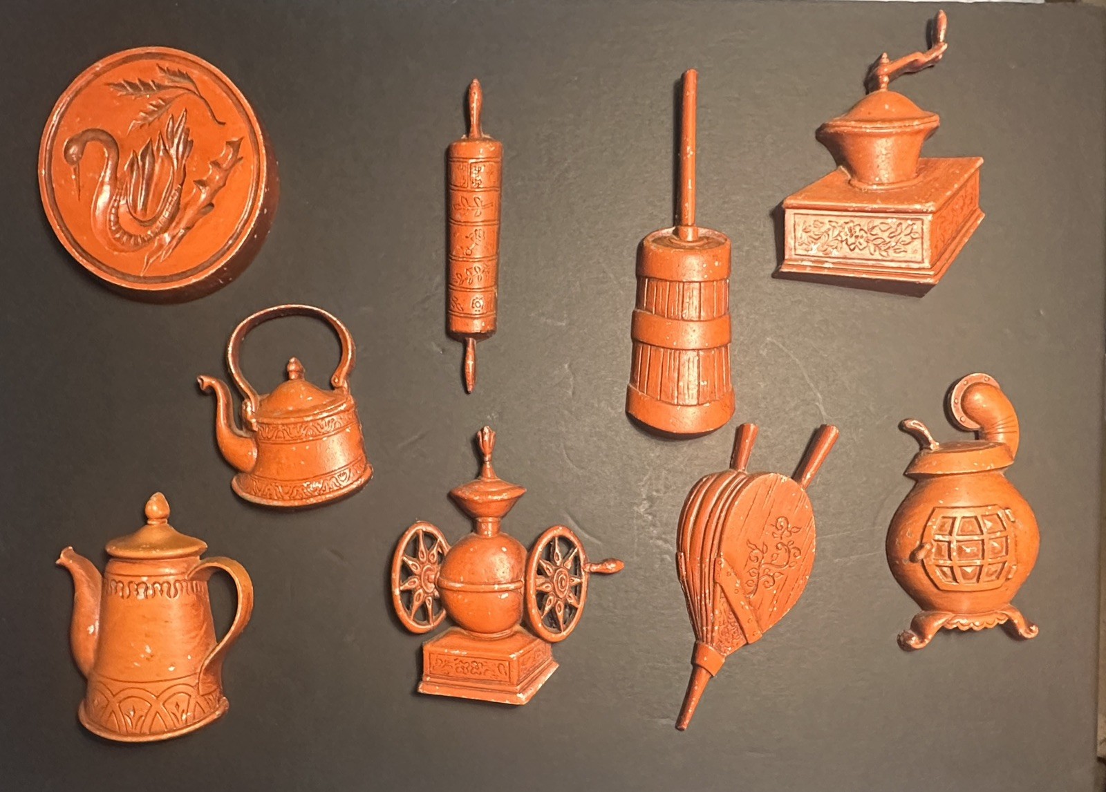 SET OF 9 Vintage SEXTON Orange Cast Iron Metal 1967 Kitchen Wall Hanging Decor