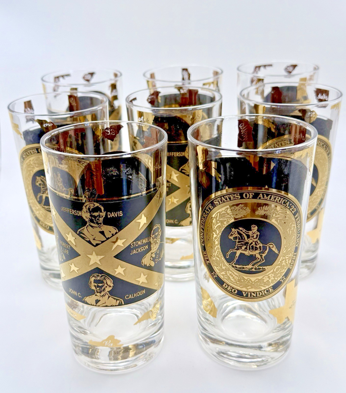 Rare Confederate States of America Highball Glass Set – Gold Decoration – 5½″ H Rare Confederate States of America Highball Glass Set – Gold Decoration – 5½″ H