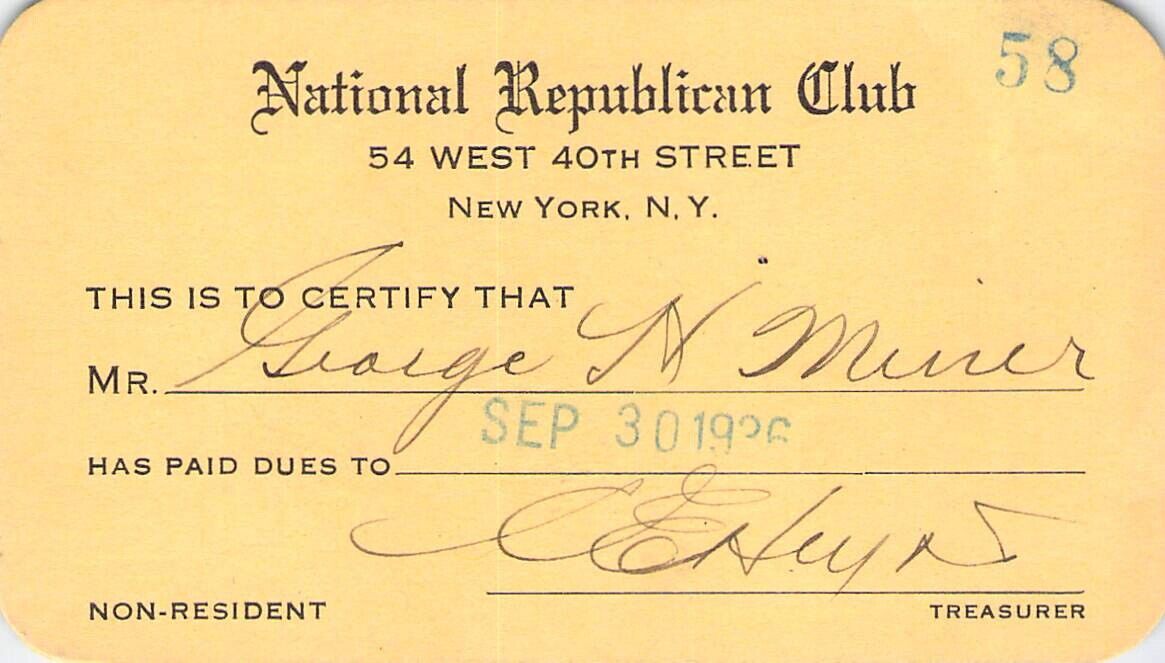 NATIONAL REPUBLICAN CLUB NEW YORK CITY  BUSINESS TRADE CLUB CARD TICKET 1936