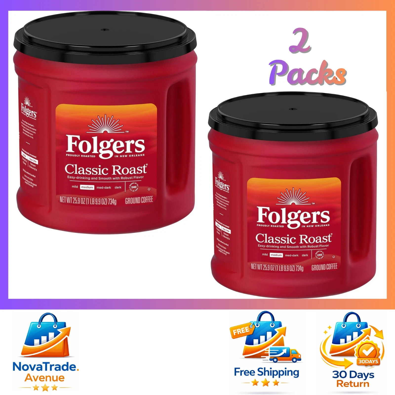 Folgers Classic Roast Ground Coffee Medium Roast 25.9 oz Canister Breakfast ( 2P
