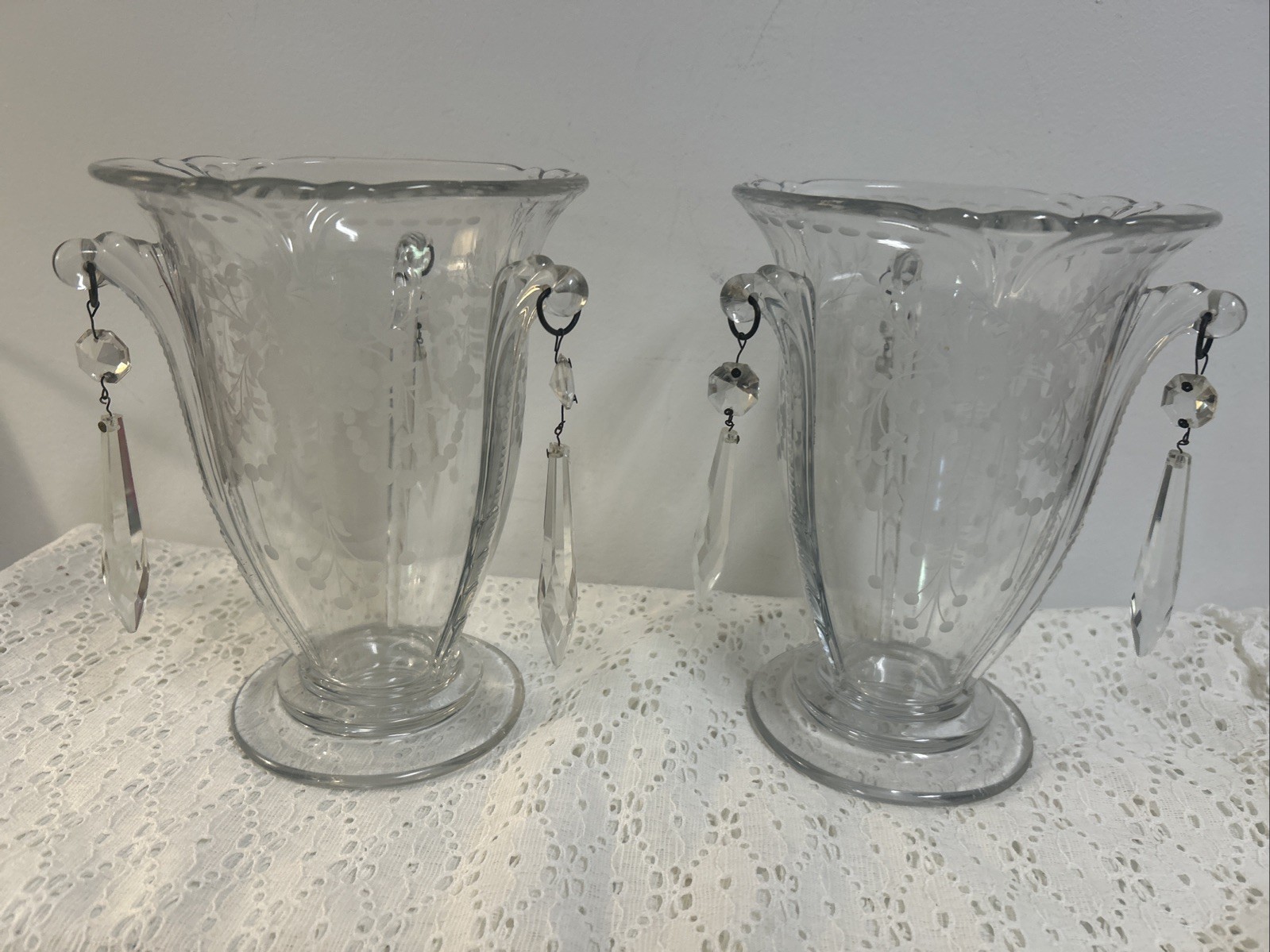 Antique Heisey Empress Pair Of Crystal Candle/ Vases 3 Prisms Each Etched 7.5”