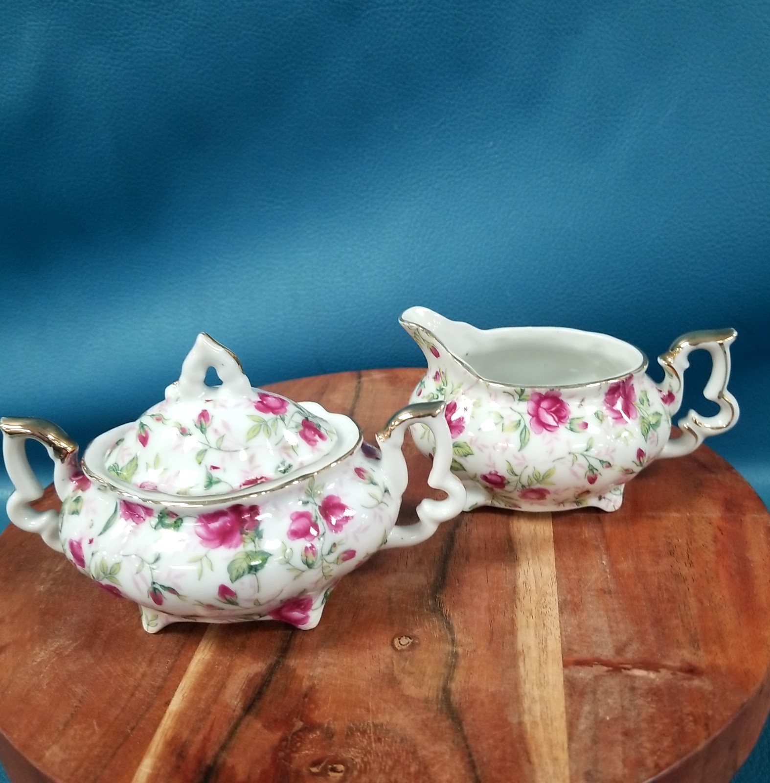 VTG LEFTON China Rose Chintz Porcelain Sugar & Creamer Collectible