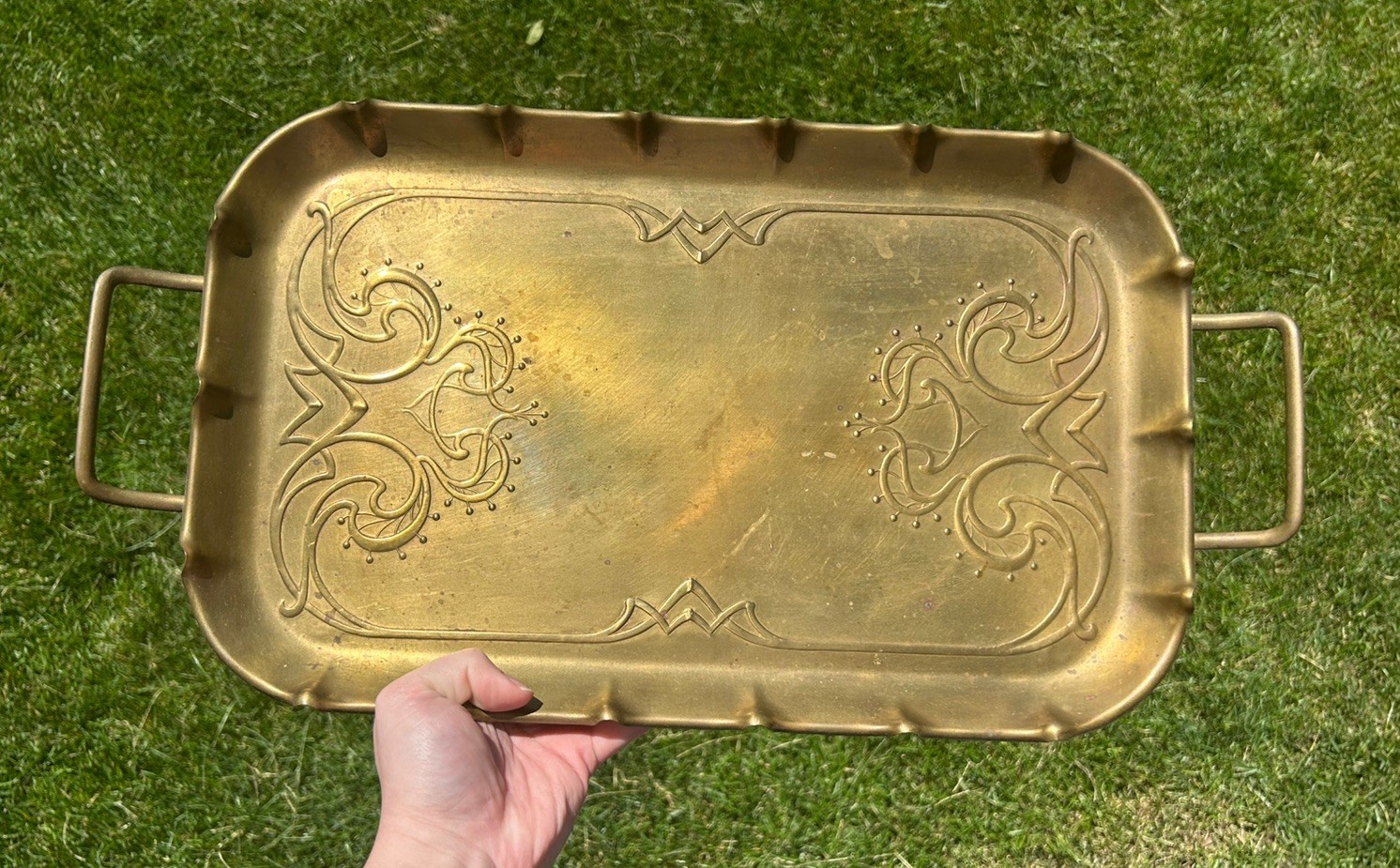Antique Art Nouveau Joseph Sankey  Handled Brass Tray 19”