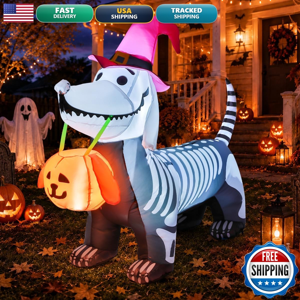 GOOSH 5.5 FT Halloween Skeleton Puppy Inflatable LED Yard Decor