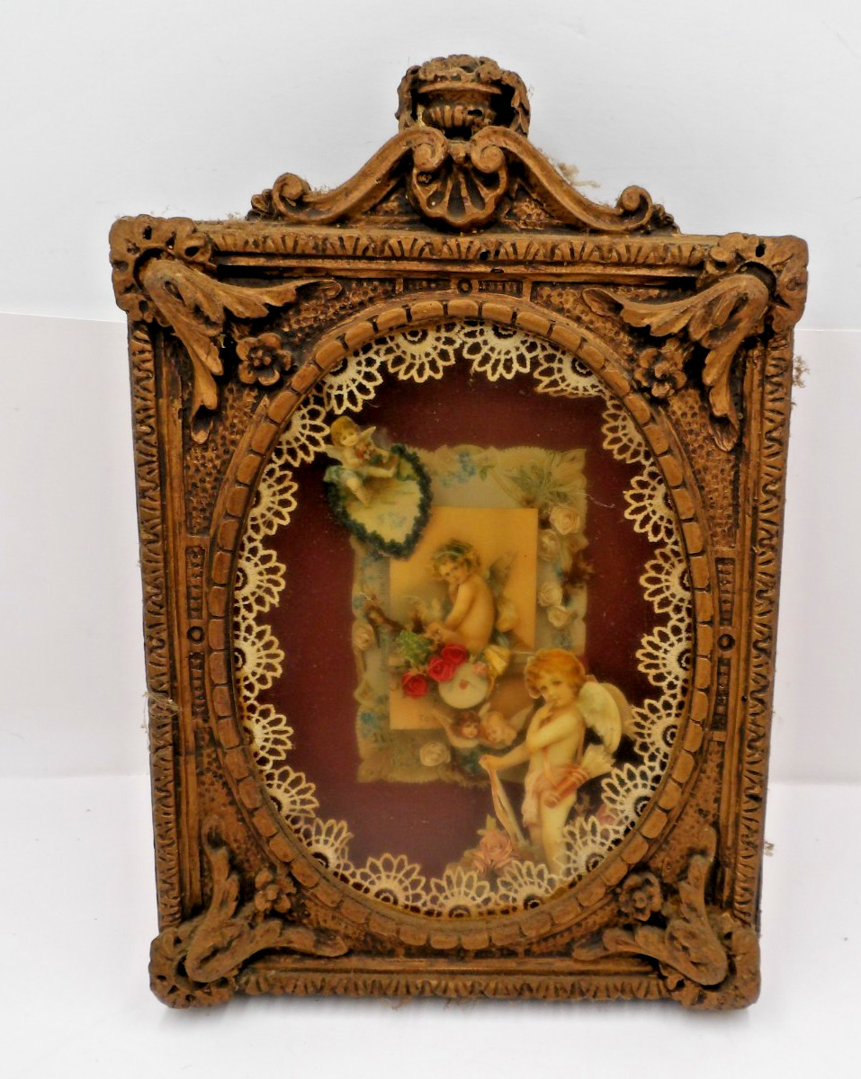 Vintage Framed Shadow Box w/ 3-D Paper Cherubs