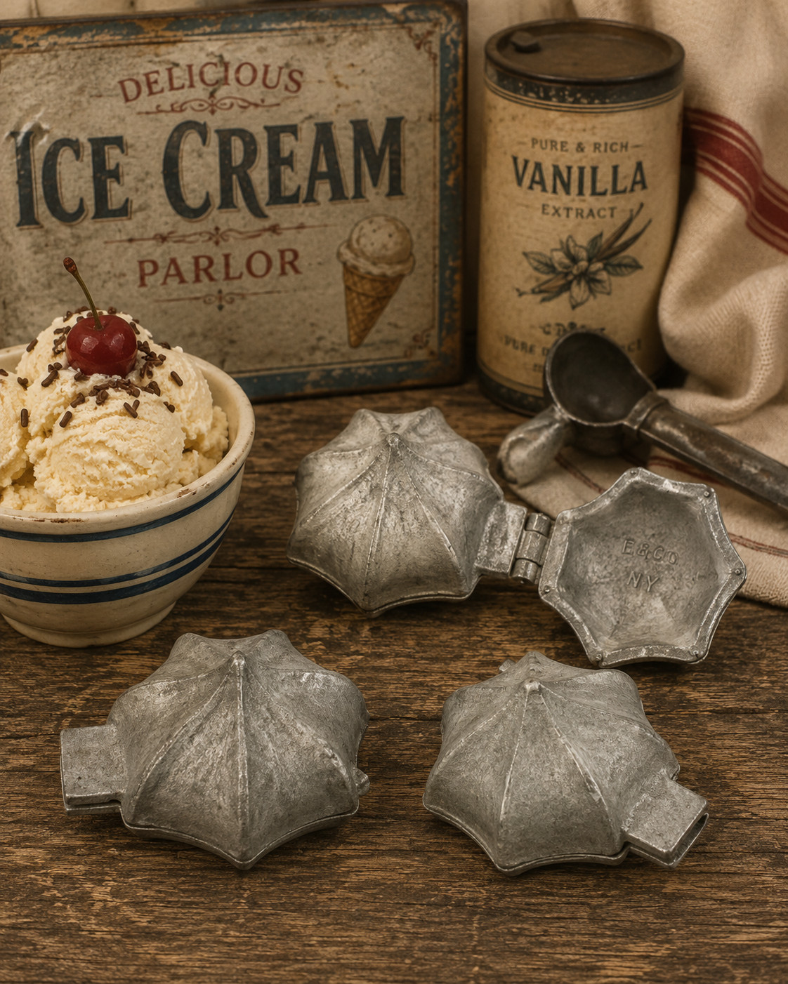 3 Vintage Pewter Hinged Ice Cream Candy Molds E&CO NY Primitive Kitchenware