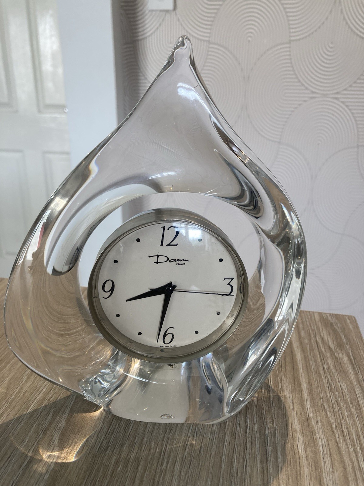 Daum France Signed Crystal Teardrop Desk Clock 8” Art Glass Quartz 1970s MCM