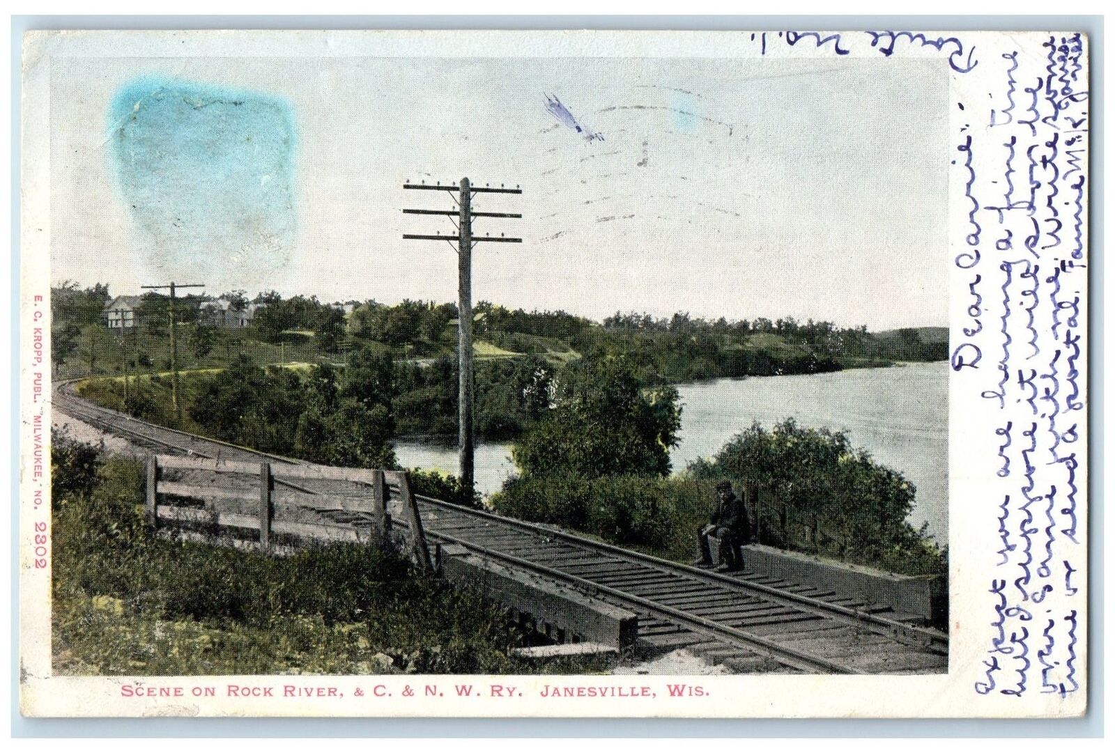 1906 Scene On Rock River C & N W Ry Man On Railway Janesville Wisconsin Postcard