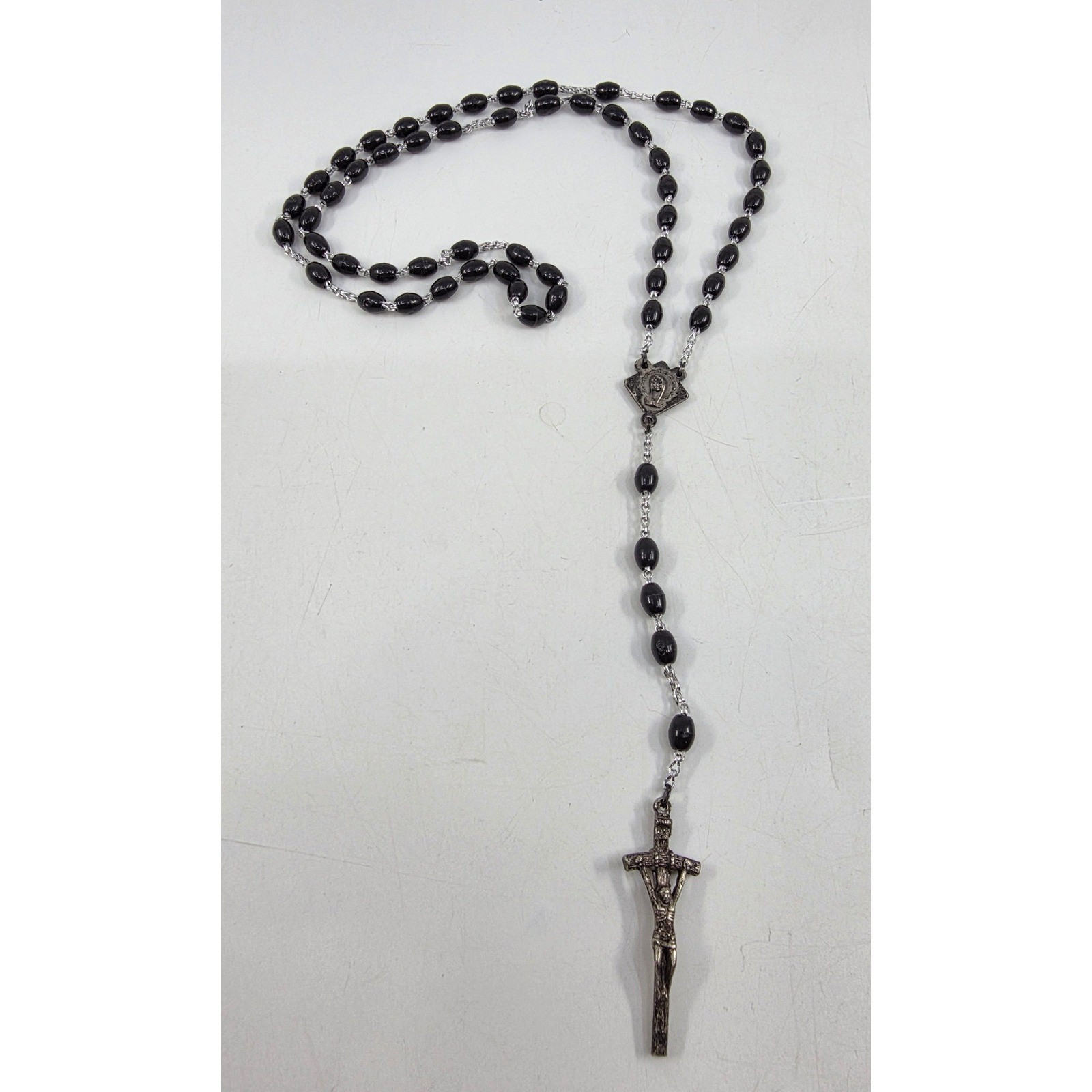 Vintage Knights of Columbus Rosary Black Beads Italy Silver Tone Crucifix K of C