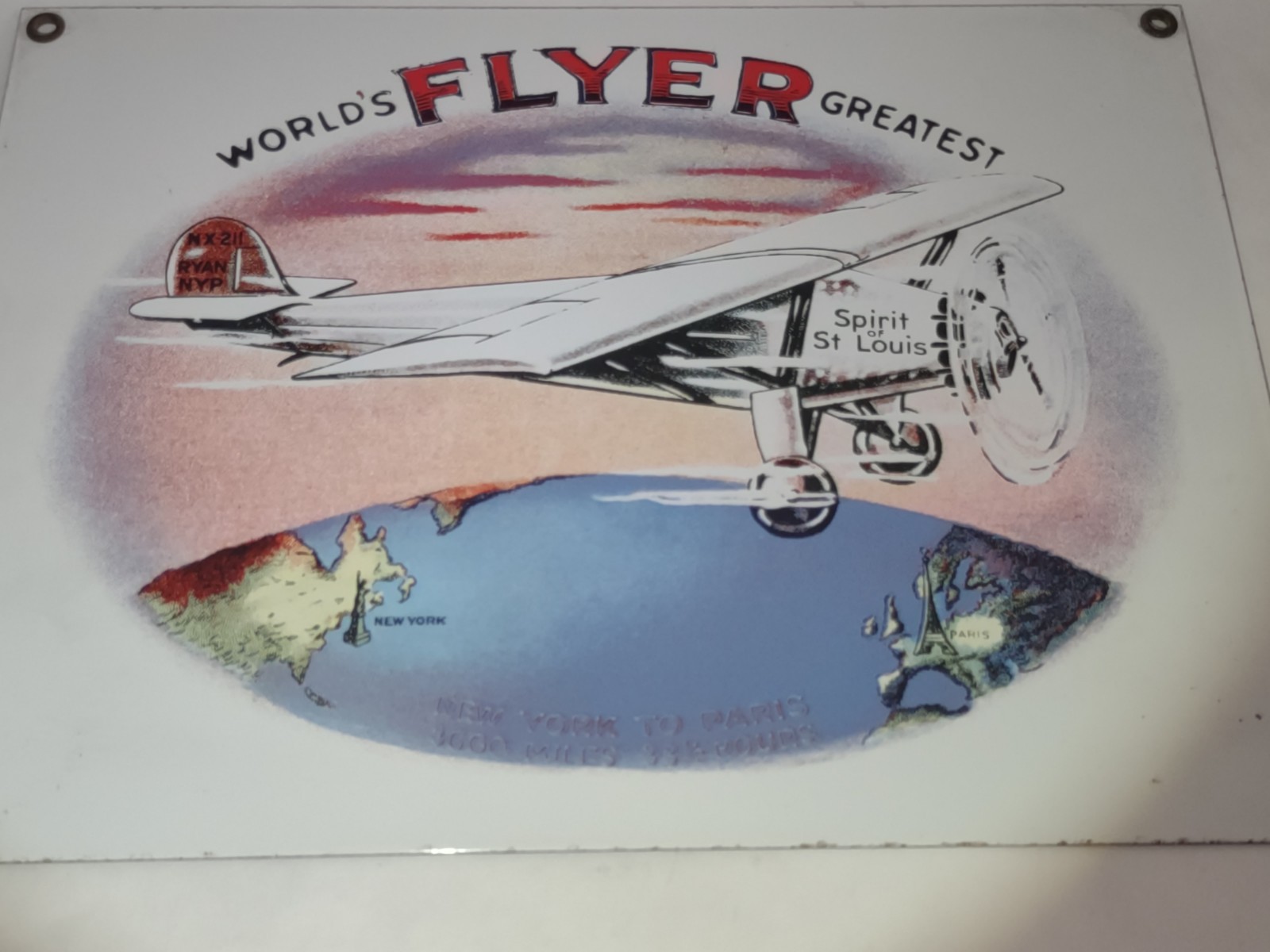 Vintage Ande Rooney Porcelain Enamel Sign Spirit of St Louis Worlds Greatest Fly