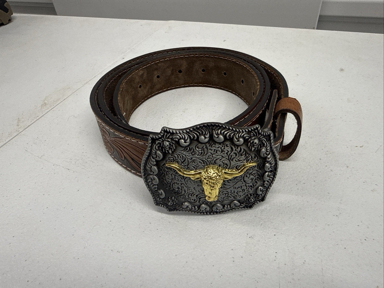 Men's Western Leather Buckle Belt Longhorn Bull Head Buckle Western Cowboy 44in