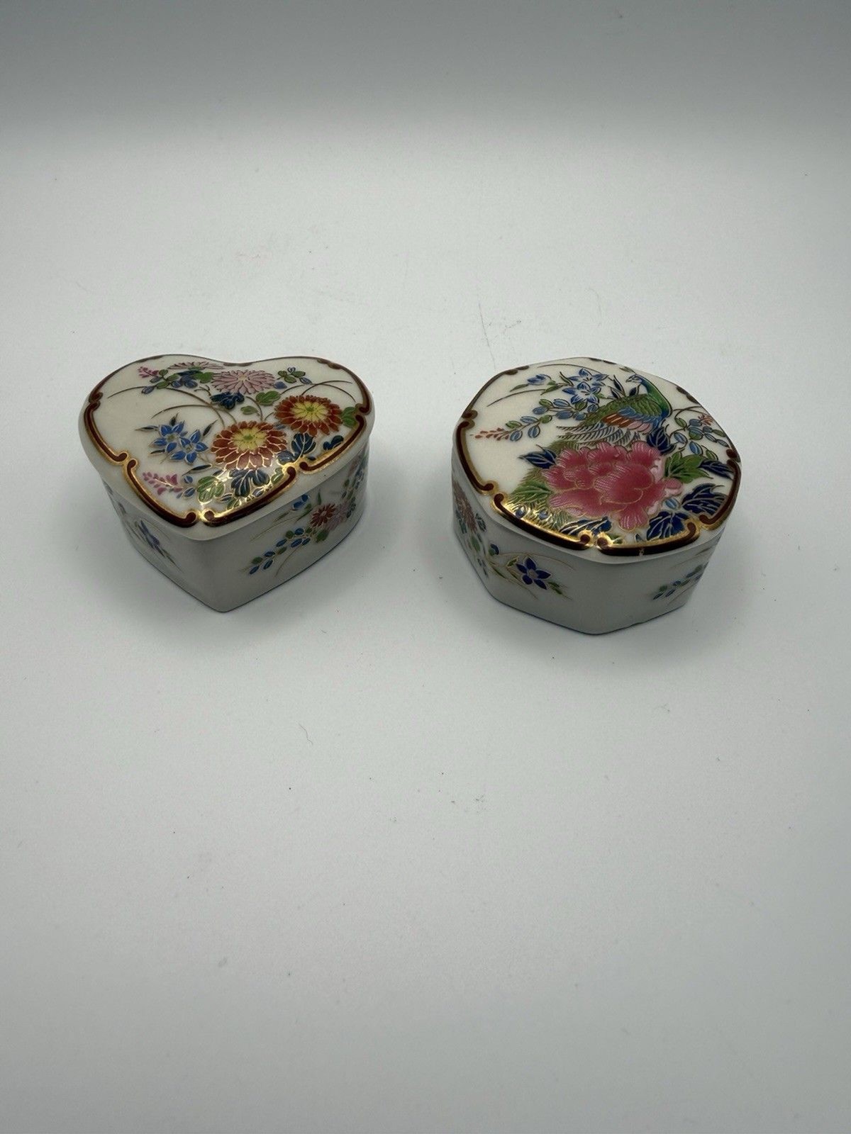 Vintage Shibata Japan Porcelain Trinket Box Set Heart & Hexagon Floral Gold Trim