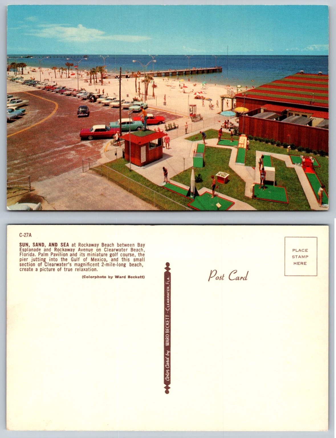 Clearwater Beach FL 1950s Rockaway Beach Palm Pavilion Mini Golf Postcard