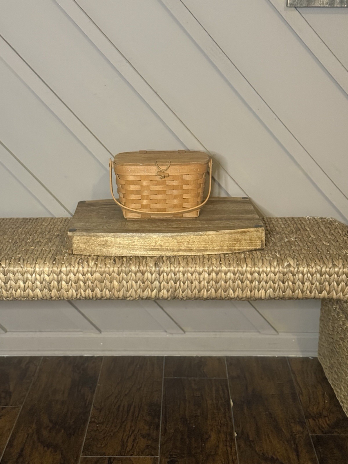 Vintage Longaberger Lidded Basket Wood Swing Handle Plastic Liner USA