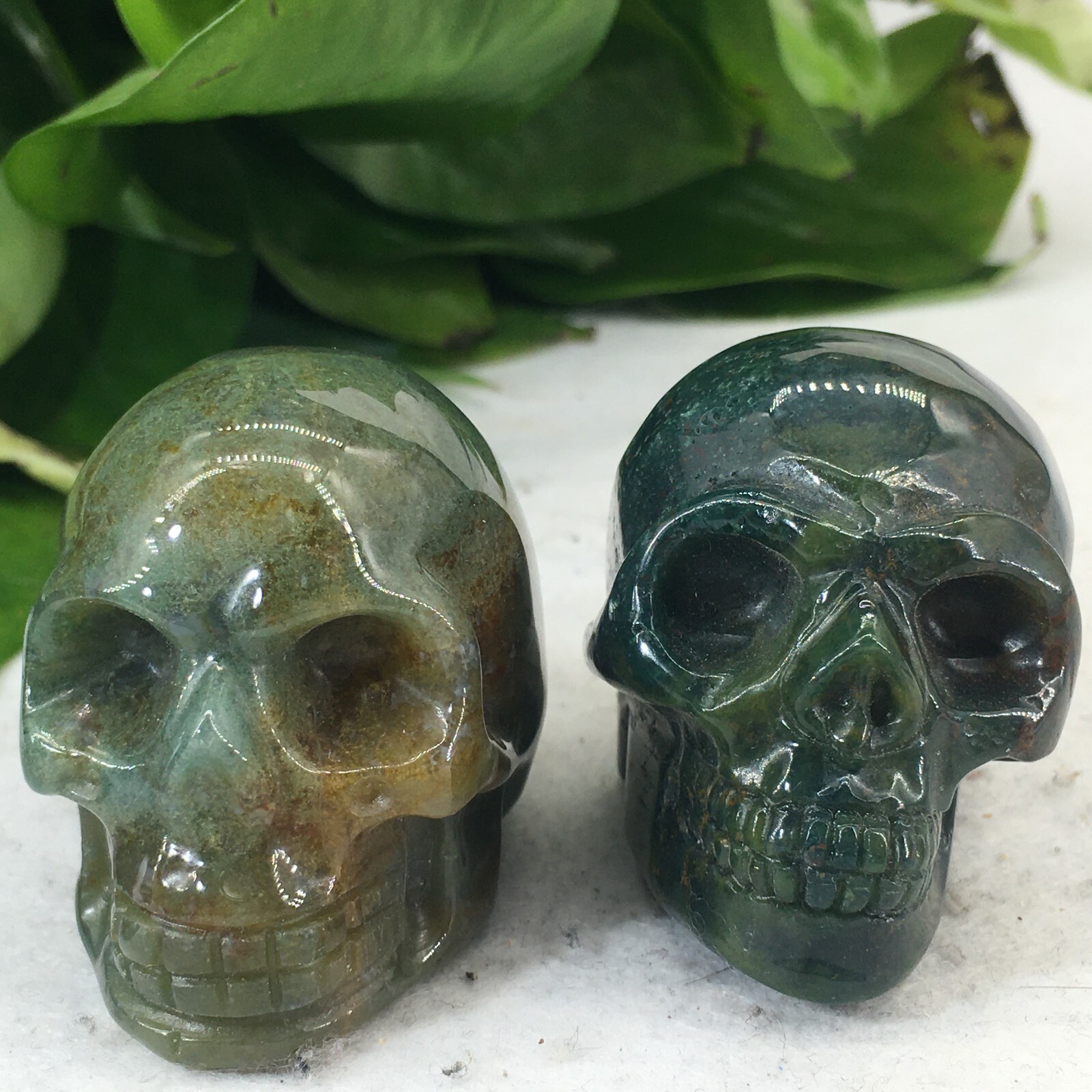 2pc Natural Aquatic agate Quartz hand Carved skull crystal Reiki healing 2\'\'