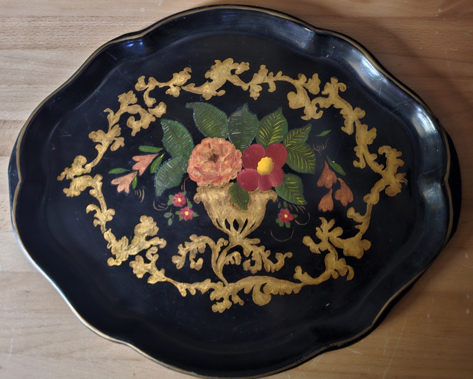 Antique Black Japanned Metal Tole Tray 16¾