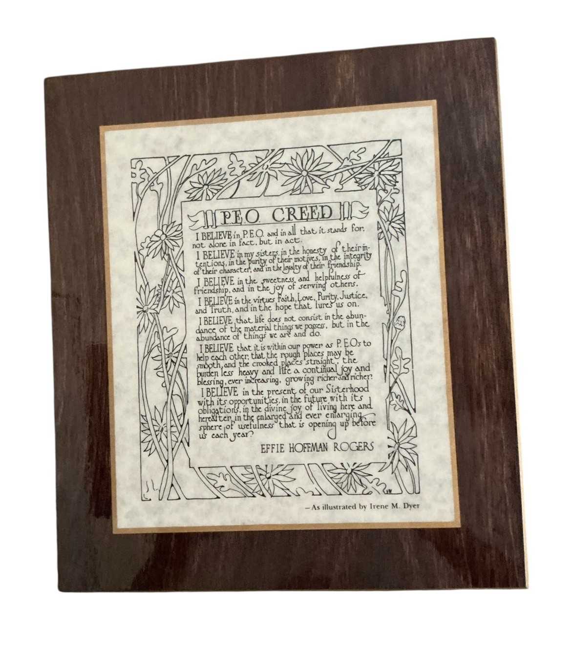 P.E.O. CREED Vintage Wood Perma Plaque Wall hanging Effie Hoffman Rogers 10 x 11