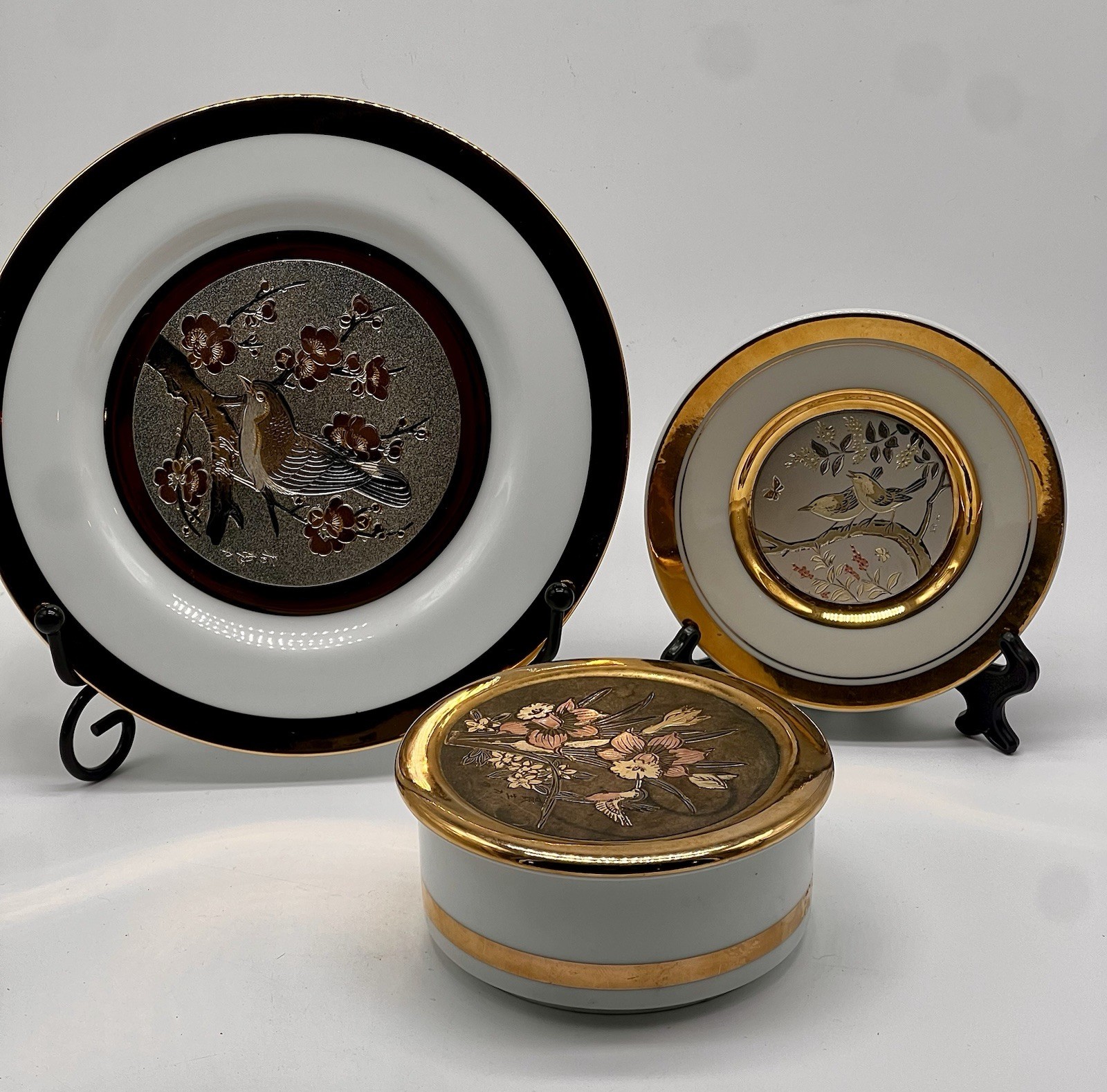 Vtg Japanese Chokin Art Plates, Trinket Box, 3 Pc. Coordinating Set