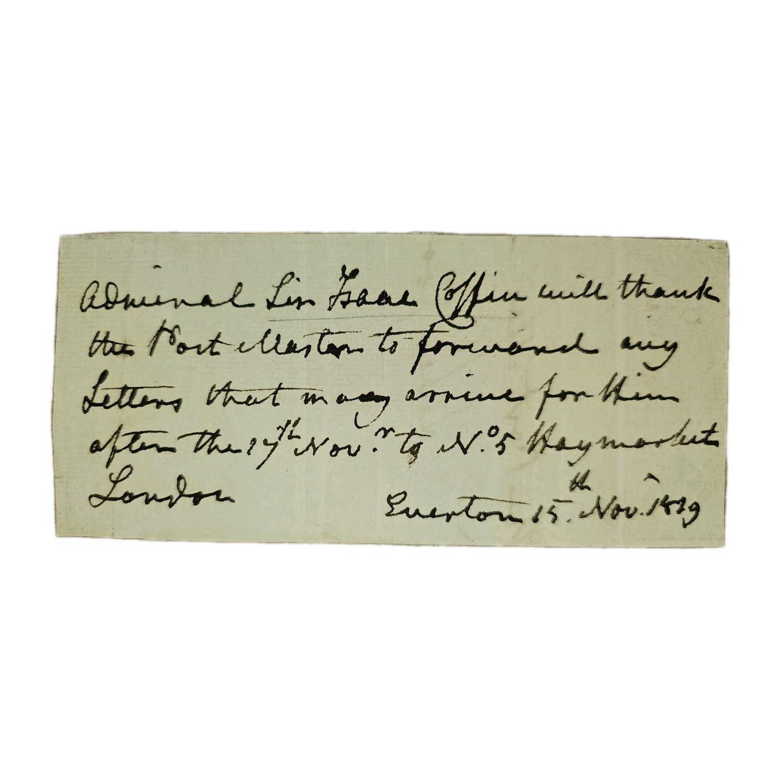 1829 Admiral Sir Isaac Coffin ALS – Forwarding Request to Liverpool Postmaster