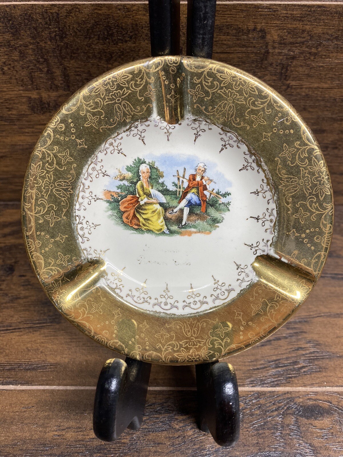 Vintage Sabin Crest-O-Gold 22K Gold Ashtray Plate Victorian Scene Gold Etched