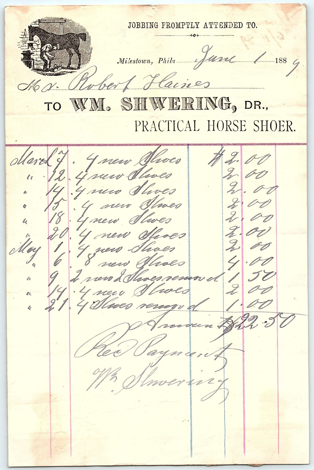 1889 Phila. Horse Shoer Billhead - Wm. Shwering Farrier