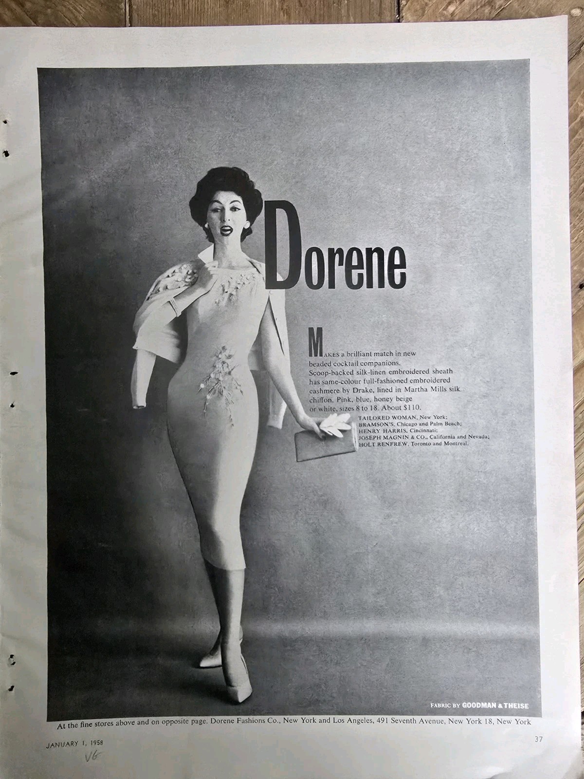 1958 Women's Dorene SIlk Linen Embroidered Dress Vintage fashion Ad