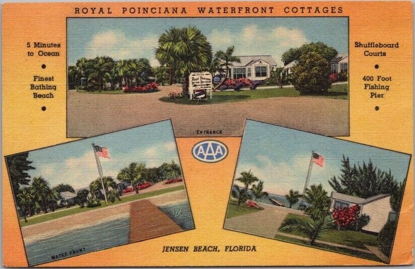 1948 JENSEN BEACH, Florida LINEN Postcard ROYAL POINCIANA WATERFRONT COTTAGES