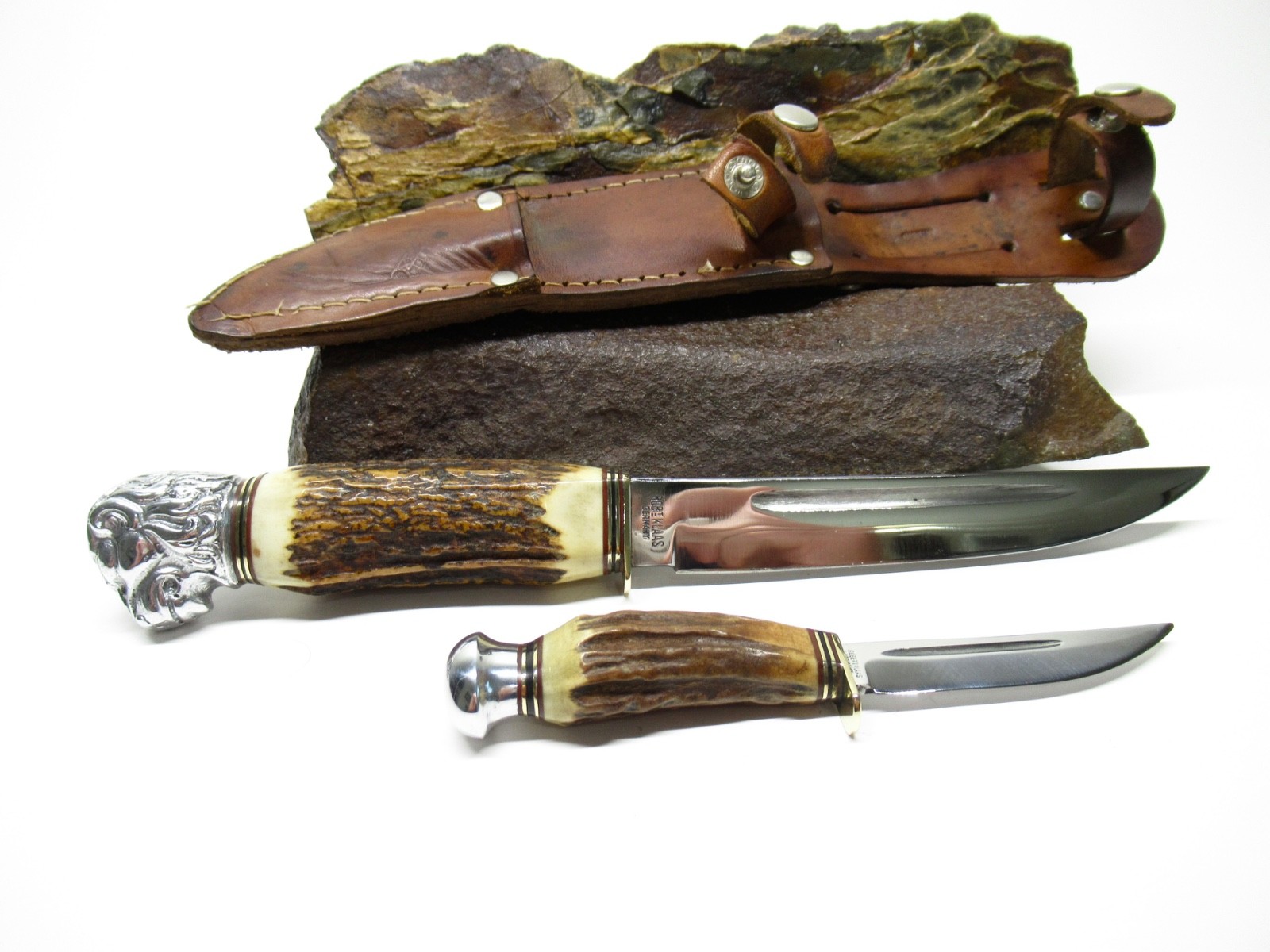 RARE 1950-60\'S ROBI KLAAS GERMANY PIGGYBACK STAG KNIFE SET LION POMMEL NEAR MINT