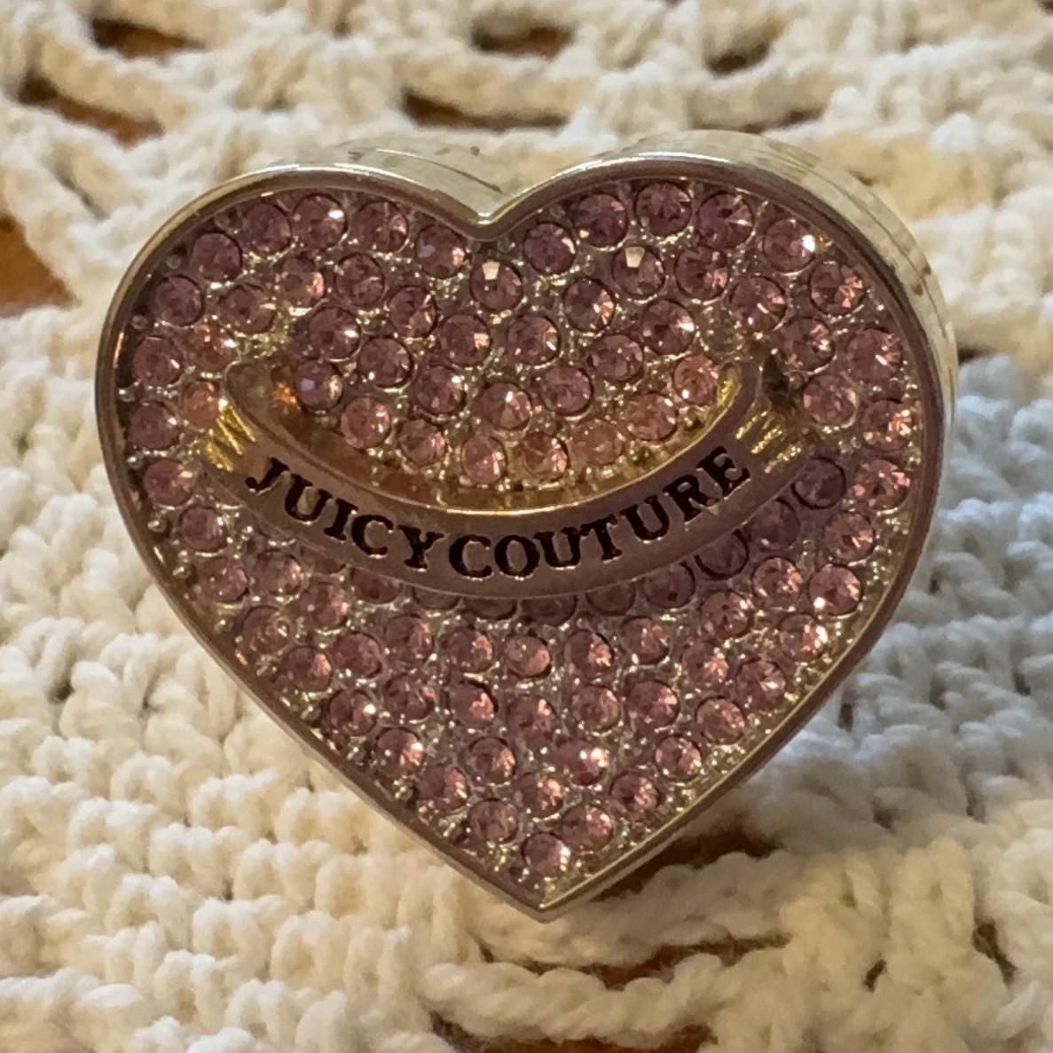 Vintage Juicy Couture Pink Rhinestone Heart Lip Gloss mirror Ring (Opens) Y2K