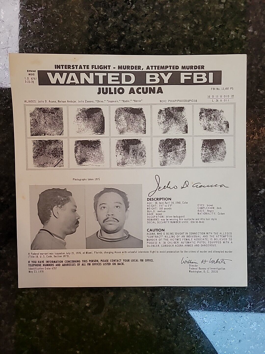 FBI WANTED POSTER. Julio Acuna. Cuban Mafia. \