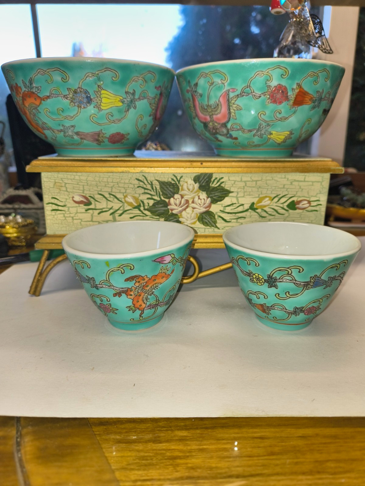 Set of 4 Chinese Turquoise Porcelain Bowls - cups Birds & Floral, Marked 