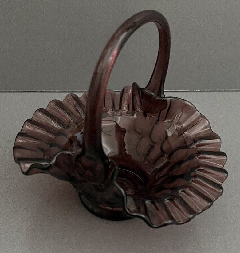 Fenton Purple Amethyst Thumbprint Art Glass Basket Applied Handle Vintage Decor