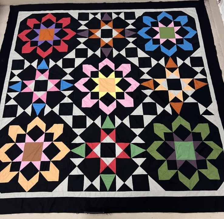 Black Cosmic Jewels Handmade Cotton Queen Patchwork quilt top/topper Black Cosmic Jewels Handmade Cotton Queen Patchwork quilt top/topper