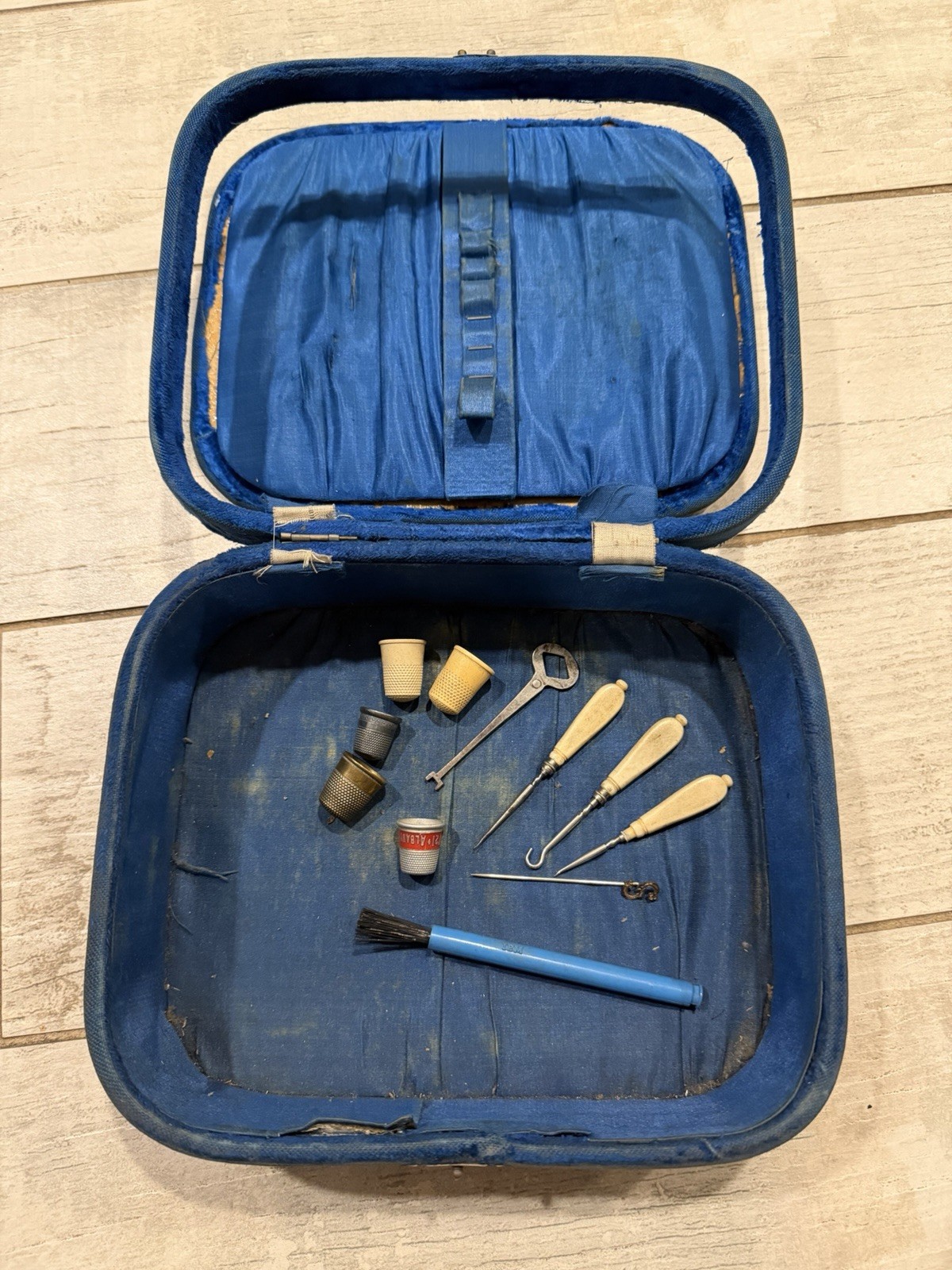 Antique C. 1920 Velvet Sewing Box Set w/ Celluloid Tools & Thimbles