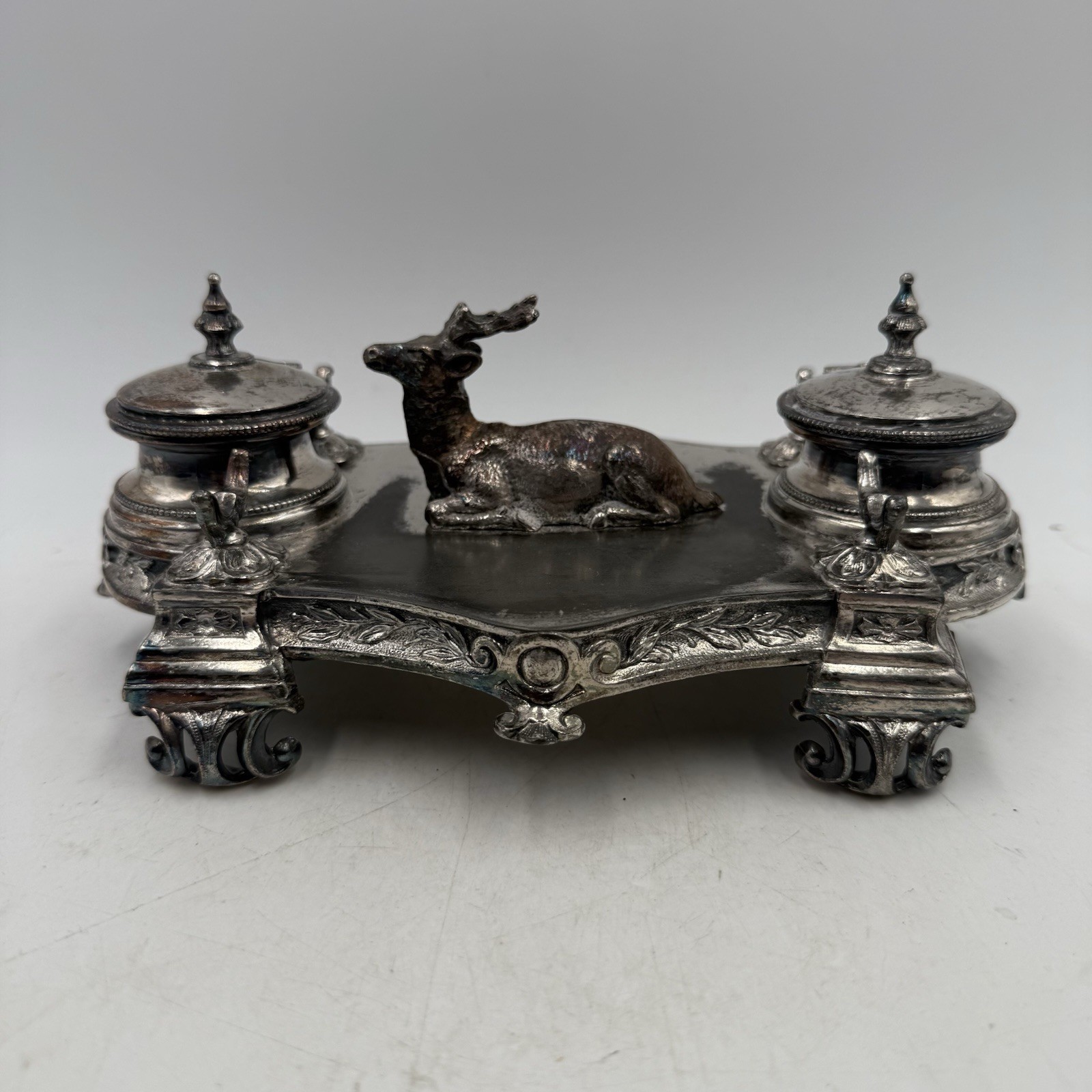 Antique Philip Ashberry & Sons Sheffield Silver Plated Stag Inkwell, Hinged Lids Antique Philip Ashberry & Sons Sheffield Silver Plated Stag Inkwell, Hinged Lids