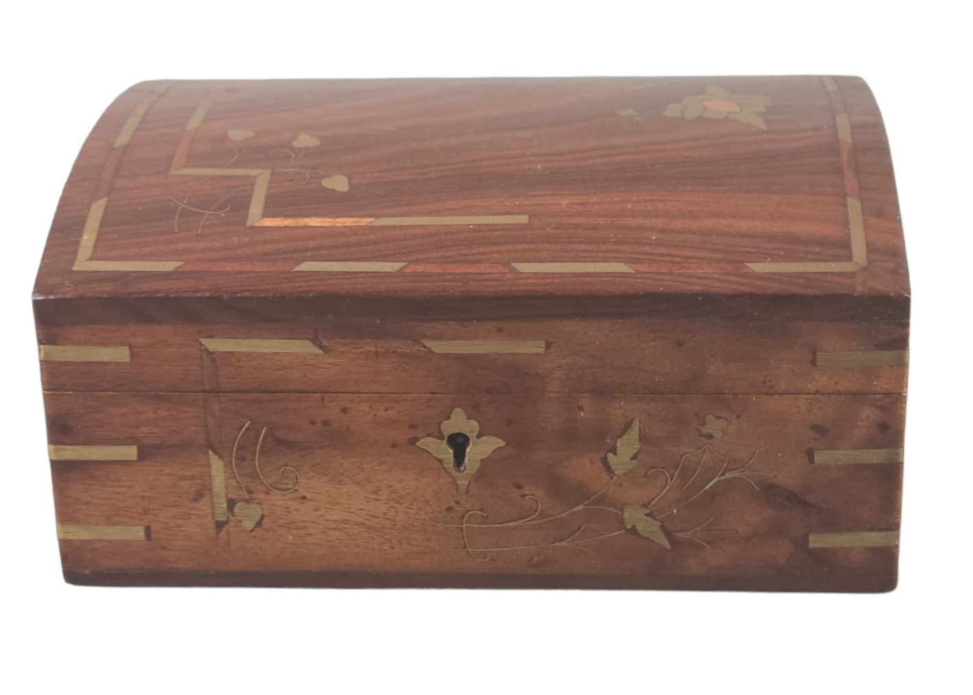 VINTAGE Anglo-Indian  WOOD BRASS INLAY FLORAL HINGED DIVIDED JEWELRY TRINKET BOX