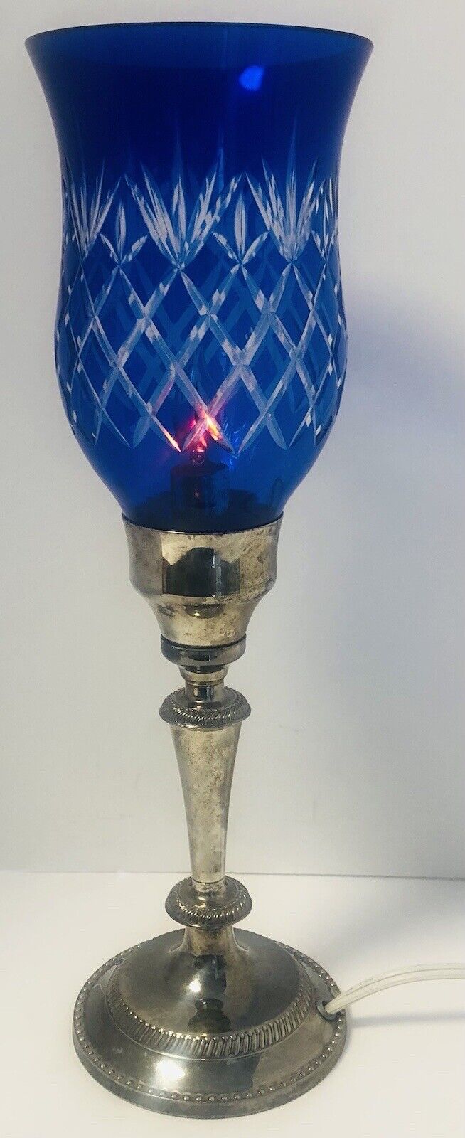 Bohemian Czech Lamp Cobalt Blue Cut to Clear Vintage Silver-Plated