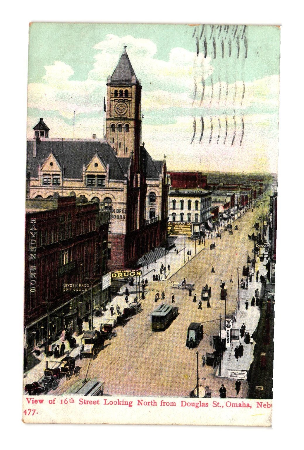 Vintage 1909 Omaha NE 16th St Douglas Street Scene Clock Tower Postcard