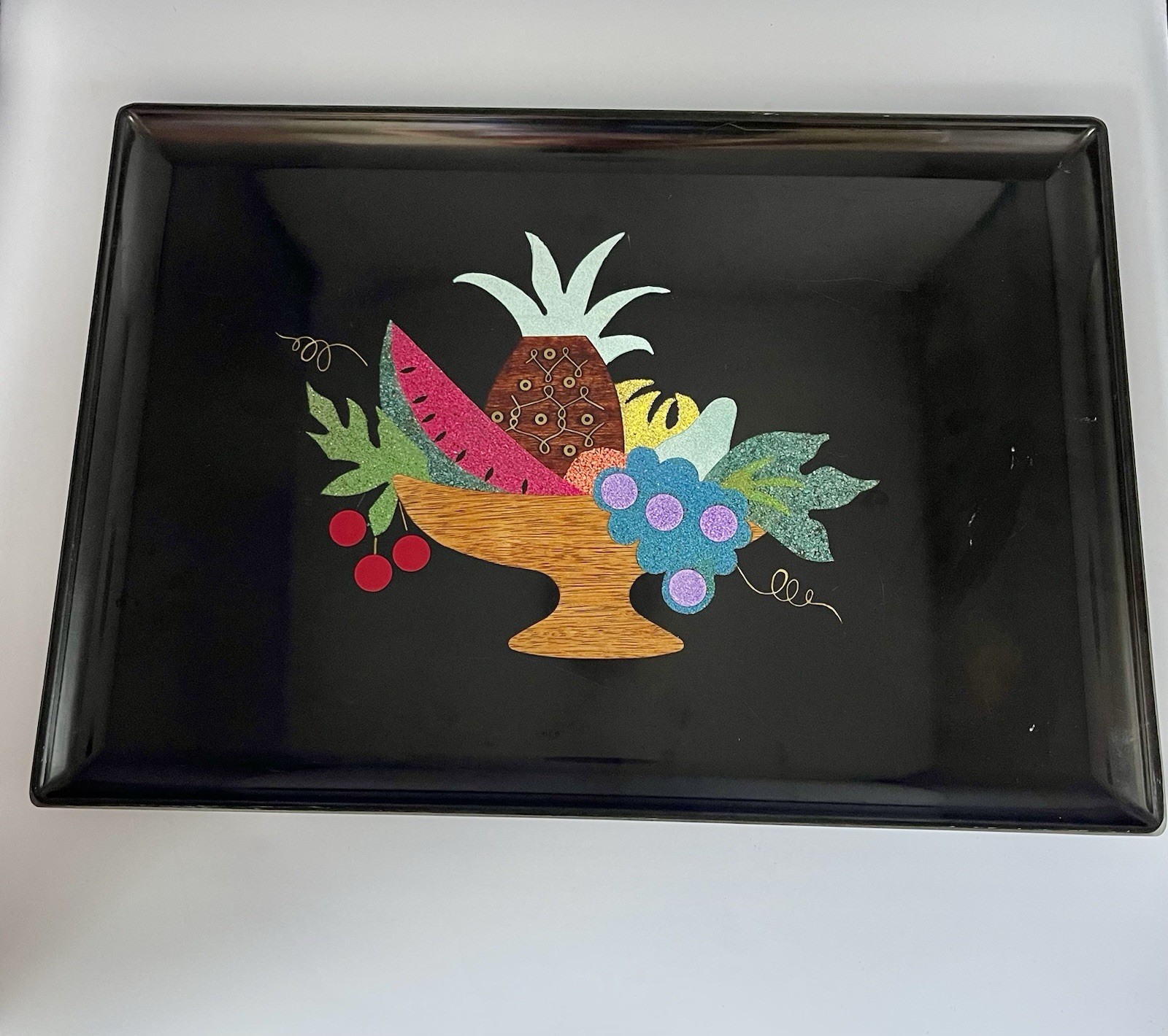 Vintage Couroc of Monterey Fruit Bowl Inlay Serving Tray Black 17” MCM