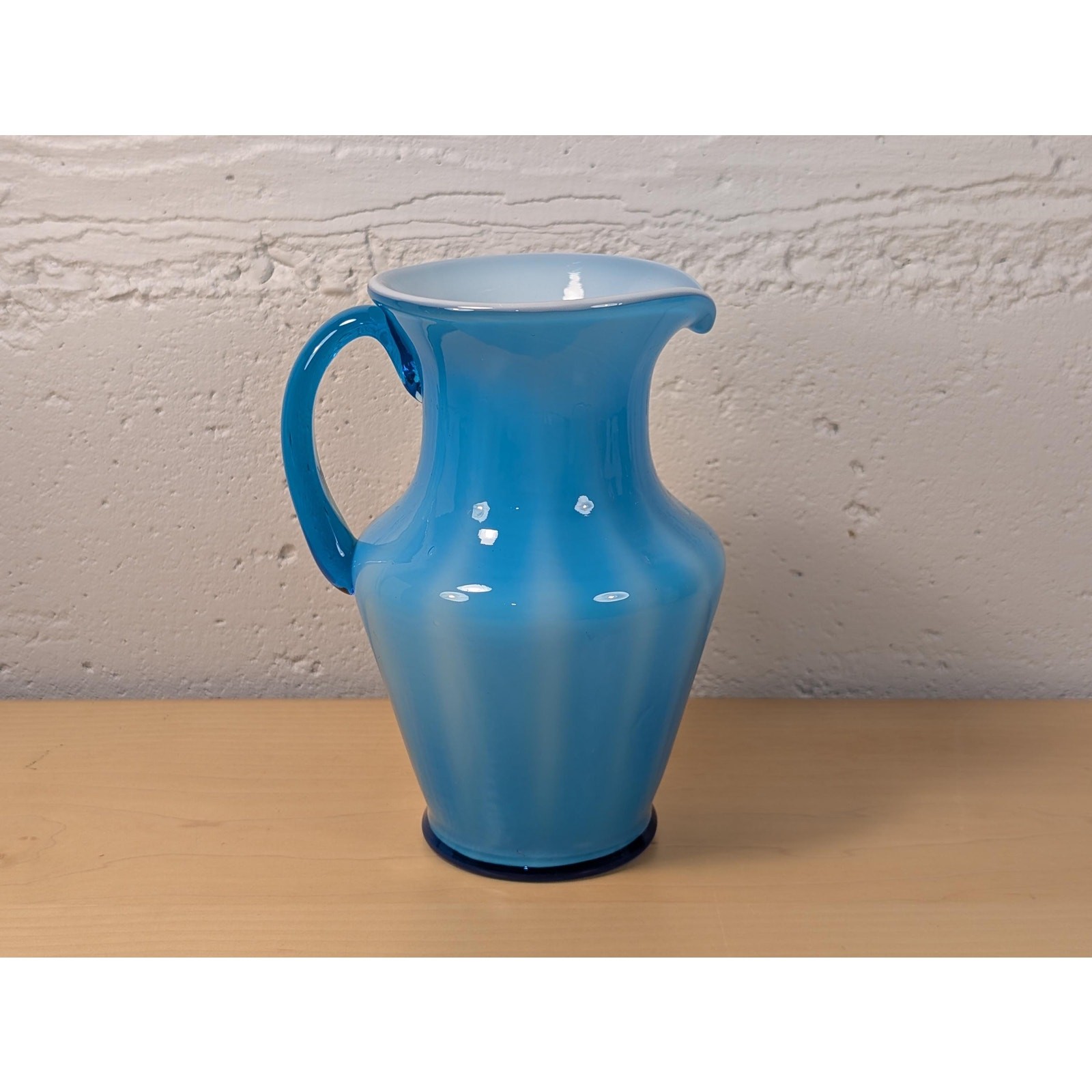 Vintage MCM Blue Cased Hand Blown Glass Pitcher