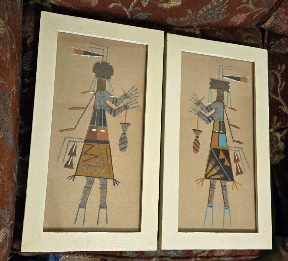 2 VTG A WATCHMAN SAND PAINTINGS NAVAJO HOLY MAN HOLY GIRL HEAVY WOOD FRAMES