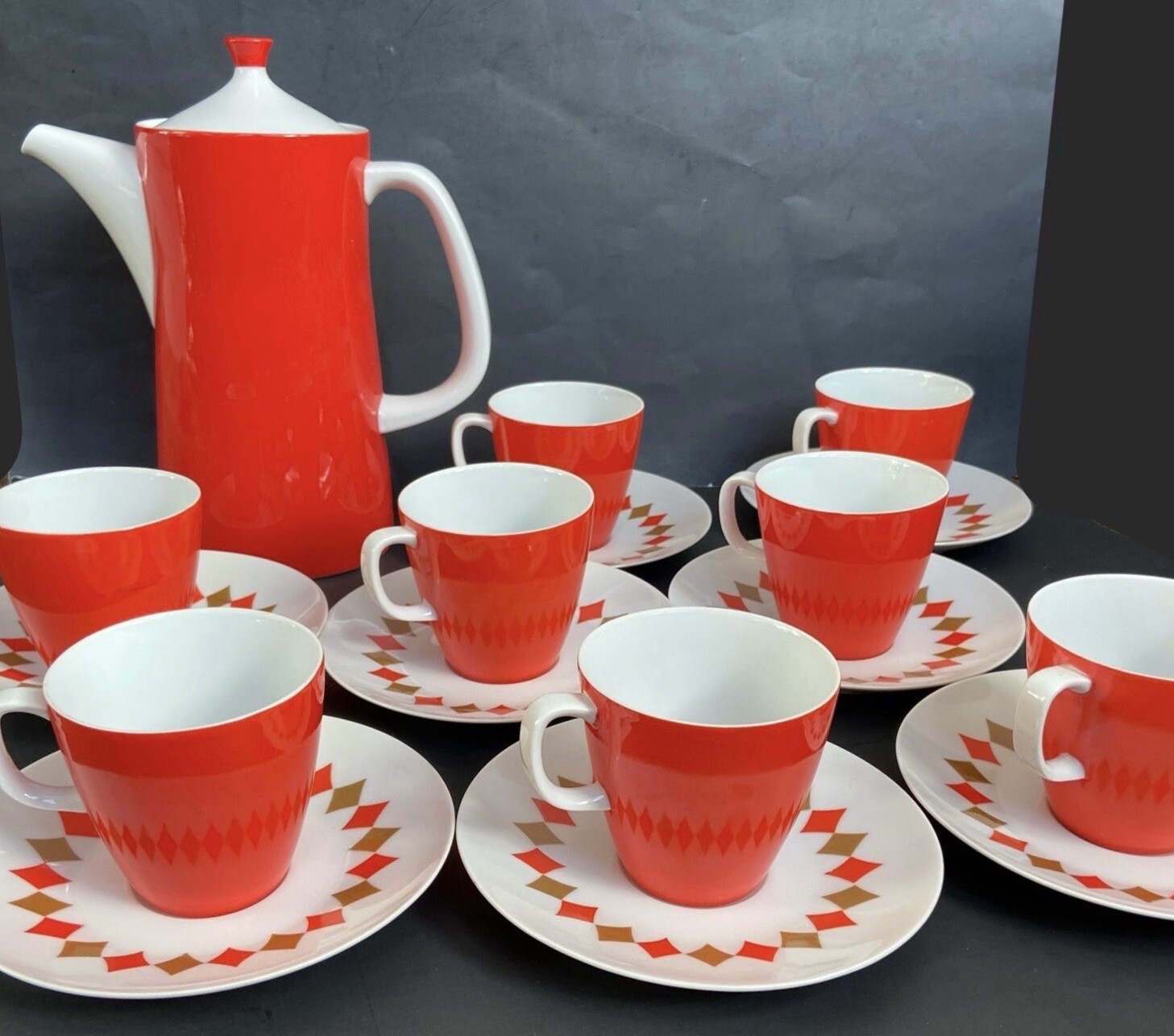 SANGO GUINEVERE Coffee Set  MCM ATOMIC Diamonds 8 Cups Saucers Pot Lid