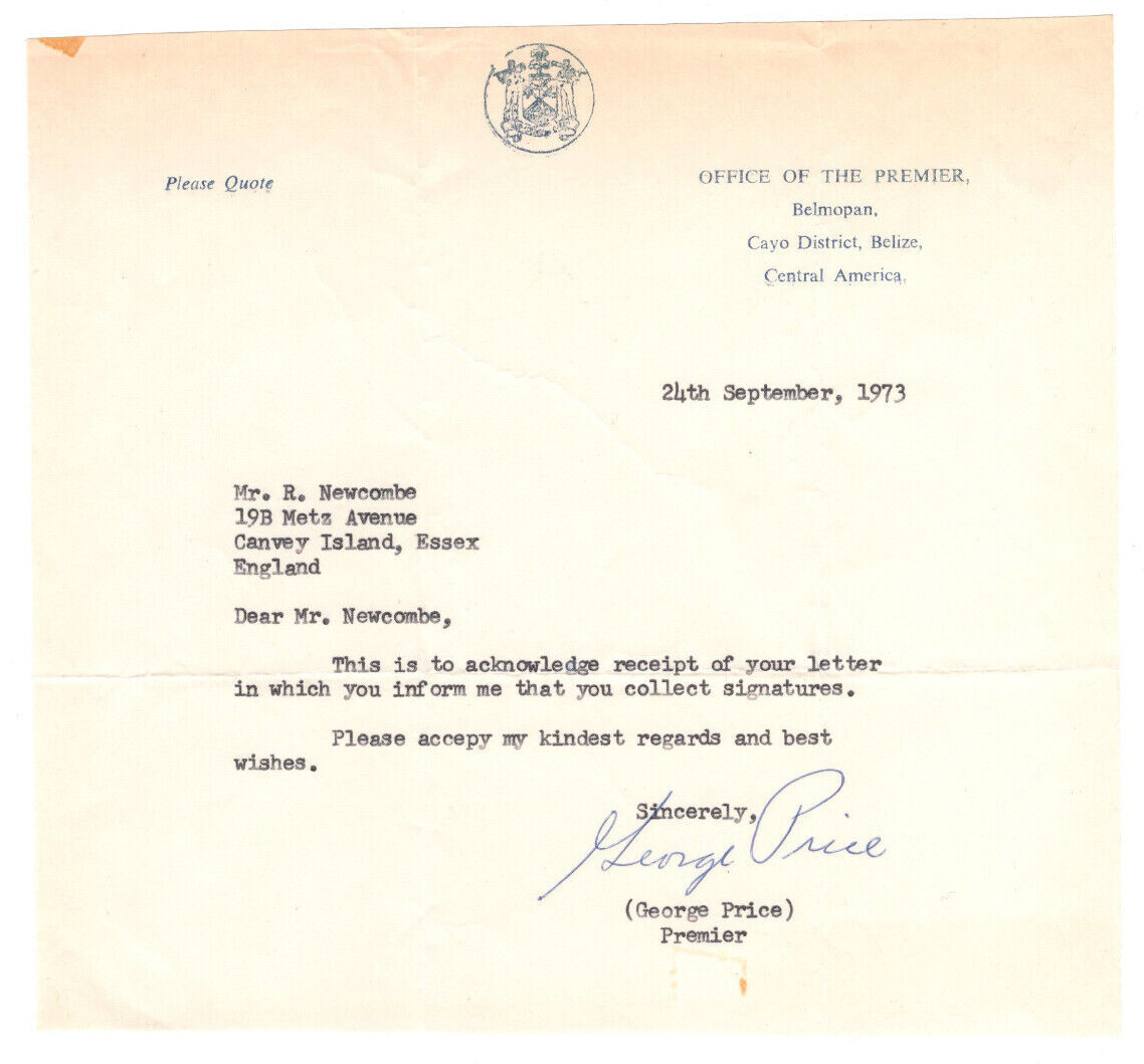 George Cadle Price Signed Letter 1973 / Autographed Premiere Belize George Cadle Price Signed Letter 1973 / Autographed Premiere Belize