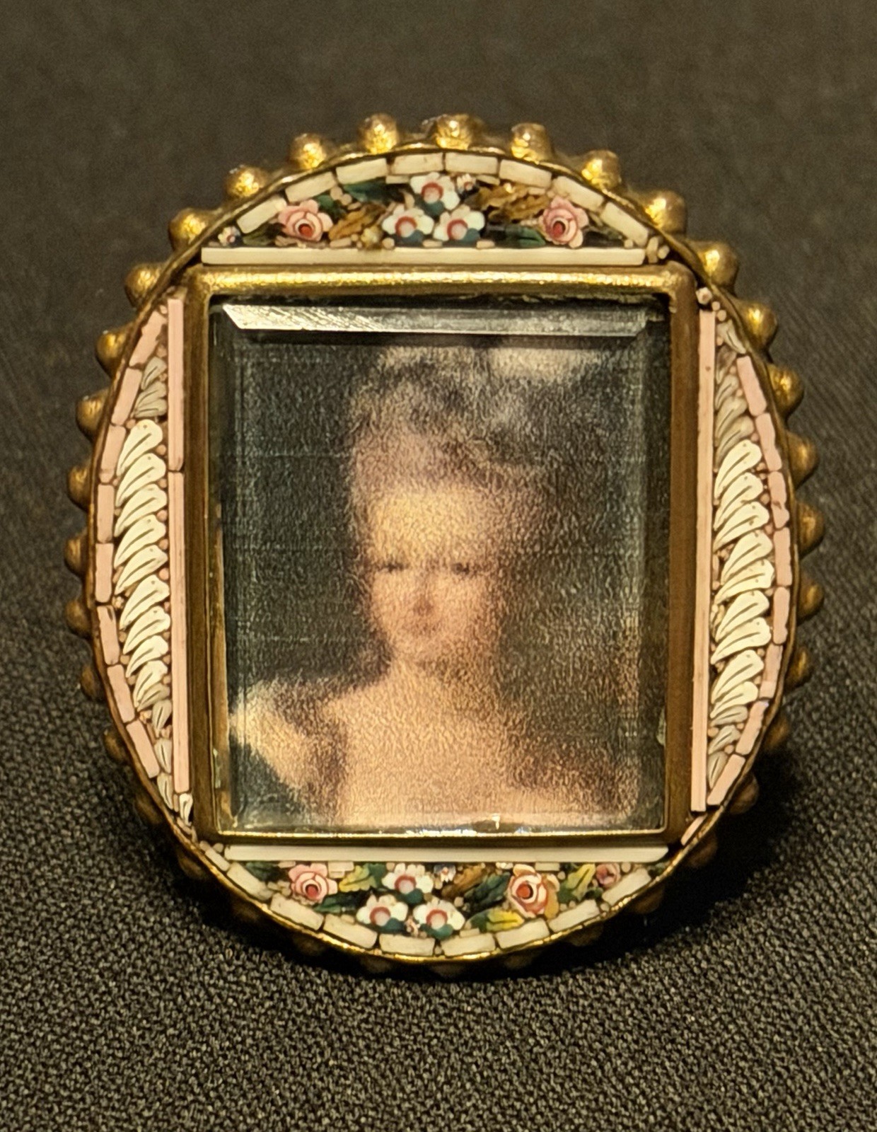 Antique Italian Micro Mosaic Picture Frame White Flowers Beautiful Woman